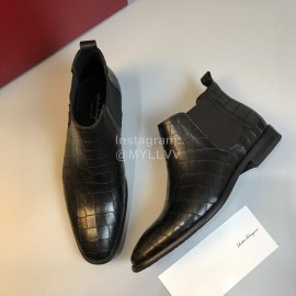 Ferragamo New Plaid Calf Leather Casual Chelsea Boots For Men Black
