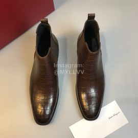 Ferragamo New Plaid Calf Leather Casual Chelsea Boots For Men Coffee 