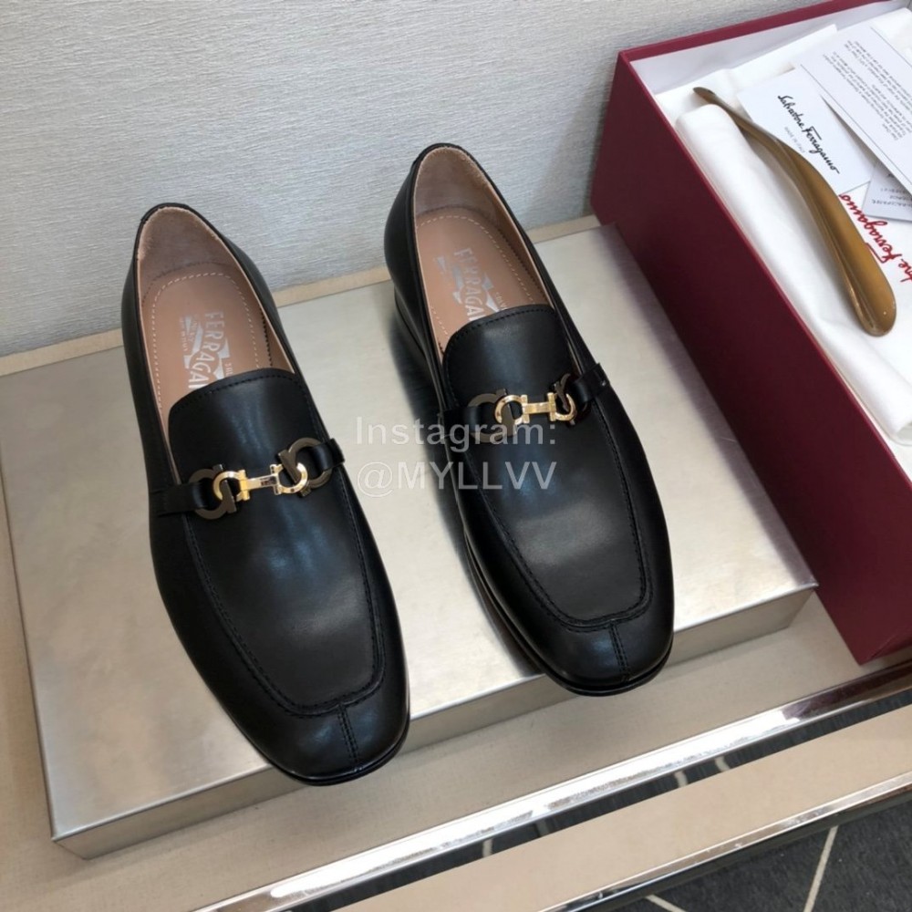 Ferragamo Black Cowhide Gancini Buckle Shoes For Men 