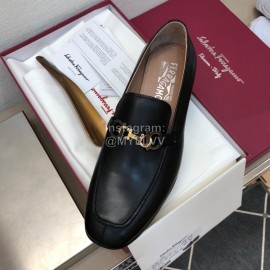 Ferragamo Black Cowhide Gancini Buckle Shoes For Men 