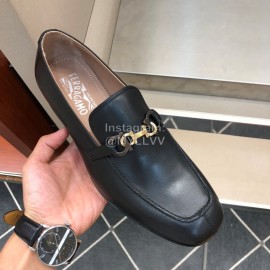 Ferragamo Black Cowhide Gancini Buckle Shoes For Men 