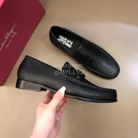 Ferragamo Calf Leather Gancini Buckle Shoes For Men Black