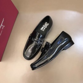 Ferragamo Calf Leather Gancini Buckle Shoes Black For Men 