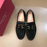 Ferragamo Black Calf Leather Gancini Buckle Shoes For Men 