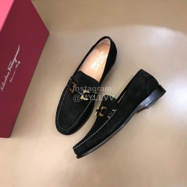 Ferragamo Black Calf Leather Gancini Buckle Shoes For Men 