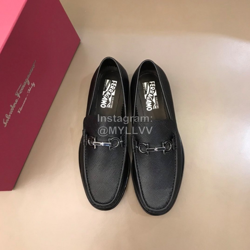 Ferragamo Calf Leather Gancini Buckle Black Shoes For Men