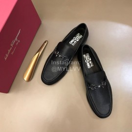 Ferragamo Calf Leather Gancini Buckle Black Shoes For Men
