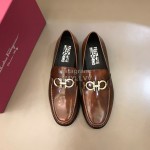 Ferragamo Calf Leather Gancini Buckle Shoes For Men Brown