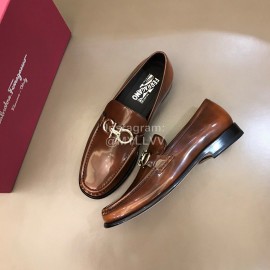 Ferragamo Calf Leather Gancini Buckle Shoes For Men Brown
