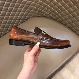 Ferragamo Calf Leather Gancini Buckle Shoes For Men Brown