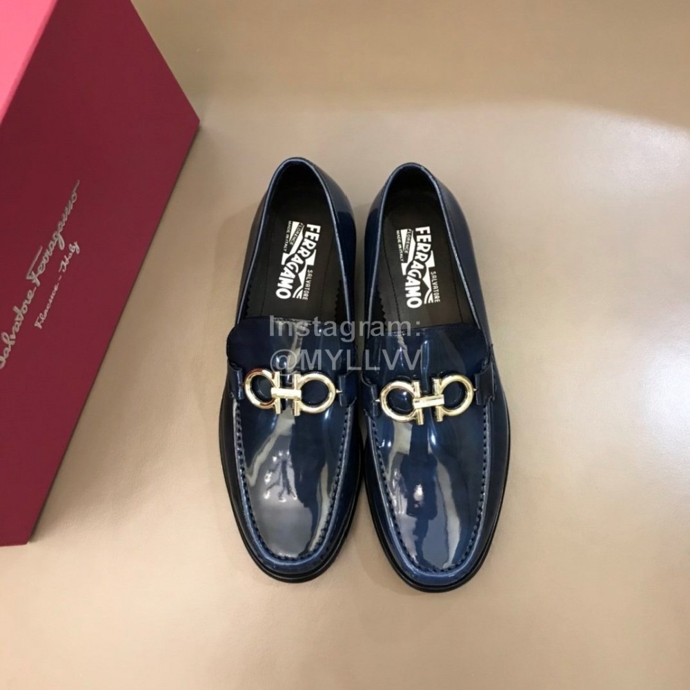 Ferragamo Calf Leather Gancini Buckle Shoes For Men Blue