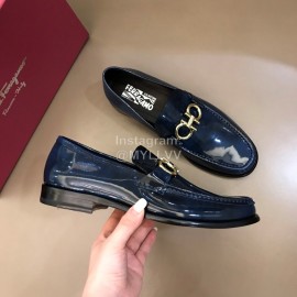Ferragamo Calf Leather Gancini Buckle Shoes For Men Blue