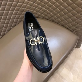 Ferragamo Calf Leather Gancini Buckle Shoes For Men Blue