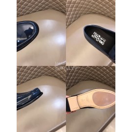 Ferragamo Calf Leather Gancini Buckle Shoes For Men Blue