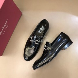 Ferragamo Leather Gancini Buckle Shoes For Men Black