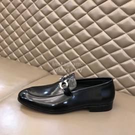 Ferragamo Leather Gancini Buckle Shoes For Men Black