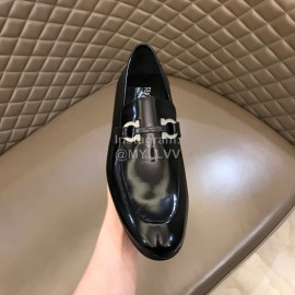 Ferragamo Leather Gancini Buckle Shoes For Men Black