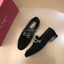 Ferragamo Leather Gancini Buckle Shoes Black For Men 