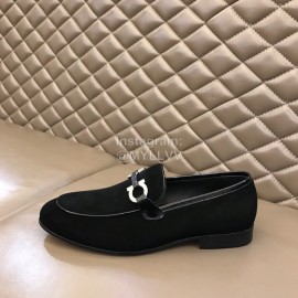 Ferragamo Leather Gancini Buckle Shoes Black For Men 