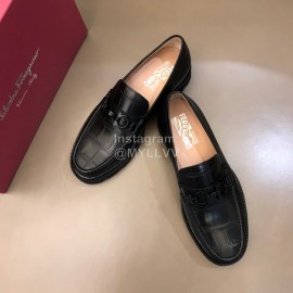 Ferragamo Black Cowhide Gancini Buckle Shoes For Men 