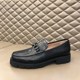 Ferragamo Black Cowhide Gancini Buckle Shoes For Men 