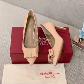 Salvatore Ferragamo Fashion Patent Leather Bow Pointed High Heels For Women Pink