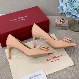 Salvatore Ferragamo Fashion Patent Leather Bow Pointed High Heels For Women Pink