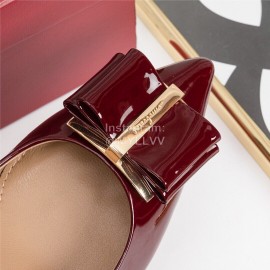 Salvatore Ferragamo Fashion Patent Leather Bow Pointed High Heels For Women Wine Red