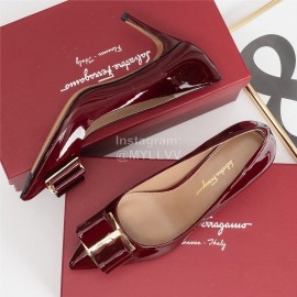 Salvatore Ferragamo Fashion Patent Leather Bow Pointed High Heels For Women Wine Red