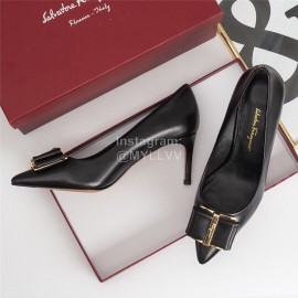 Salvatore Ferragamo Fashion Leather Bow Pointed High Heels For Women Black