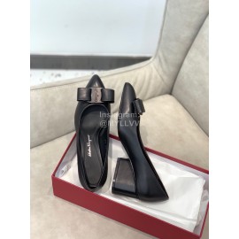 Salvatore Ferragamo Fashion Leather Bow Pointed Thick High Heels For Women Black