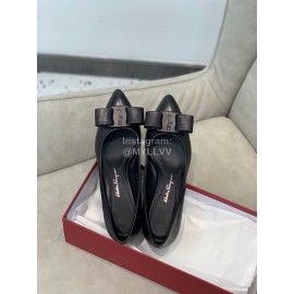Salvatore Ferragamo Fashion Leather Bow Pointed Thick High Heels For Women Black