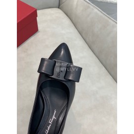 Salvatore Ferragamo Fashion Leather Bow Pointed Thick High Heels For Women Black