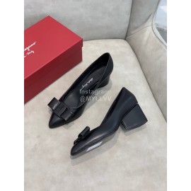 Salvatore Ferragamo Fashion Leather Bow Pointed Thick High Heels For Women Black
