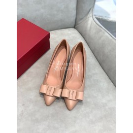 Salvatore Ferragamo Fashion Leather Bow Pointed Thick High Heels For Women Pink
