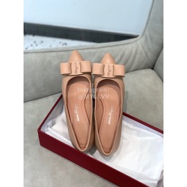 Salvatore Ferragamo Fashion Leather Bow Pointed Thick High Heels For Women Pink