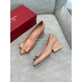 Salvatore Ferragamo Fashion Leather Bow Pointed Thick High Heels For Women Pink