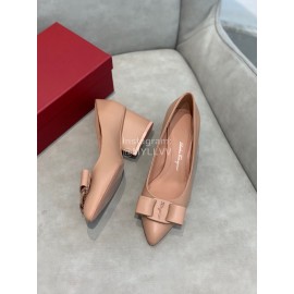 Salvatore Ferragamo Fashion Leather Bow Pointed Thick High Heels For Women Pink