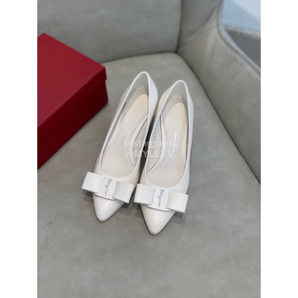 Salvatore Ferragamo Fashion Leather Bow Pointed Thick High Heels For Women White