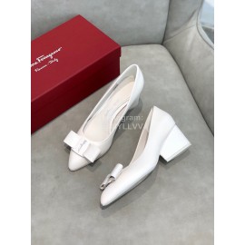Salvatore Ferragamo Fashion Leather Bow Pointed Thick High Heels For Women White
