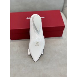Salvatore Ferragamo Fashion Leather Bow Pointed Thick High Heels For Women White
