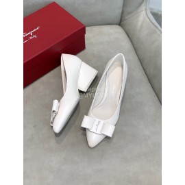 Salvatore Ferragamo Fashion Leather Bow Pointed Thick High Heels For Women White