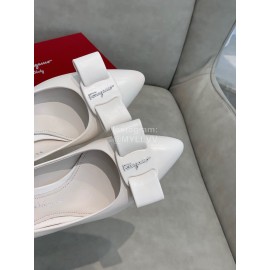 Salvatore Ferragamo Fashion Leather Bow Pointed Thick High Heels For Women White