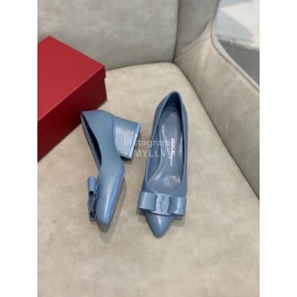 Salvatore Ferragamo Fashion Leather Bow Pointed Thick High Heels For Women Blue