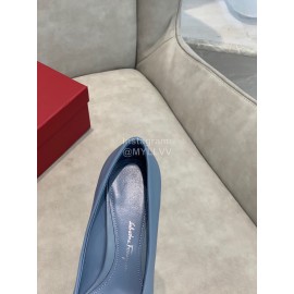 Salvatore Ferragamo Fashion Leather Bow Pointed Thick High Heels For Women Blue