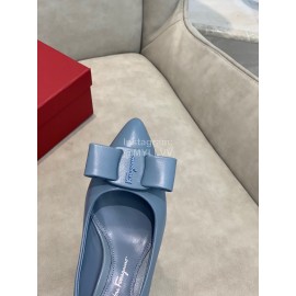 Salvatore Ferragamo Fashion Leather Bow Pointed Thick High Heels For Women Blue