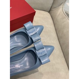 Salvatore Ferragamo Fashion Leather Bow Pointed Thick High Heels For Women Blue