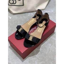 Salvatore Ferragamo New Patent Leather Bow Sandals For Women Black