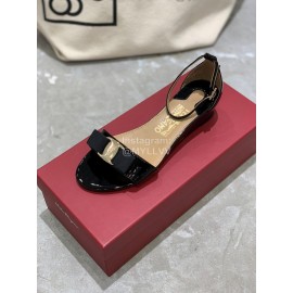 Salvatore Ferragamo New Patent Leather Bow Sandals For Women Black