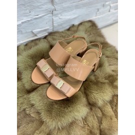 Salvatore Ferragamo Soft Patent Leather Bow Sandals For Women Khaki